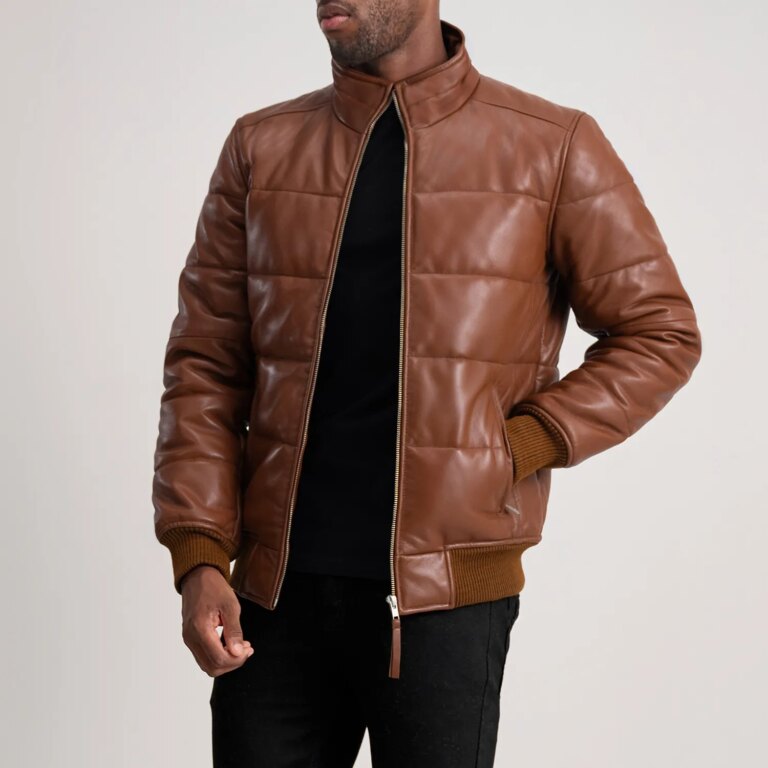 Mens Lucas Brown Leather Puffer Bomber Jacket Open Front-4-1733732637466